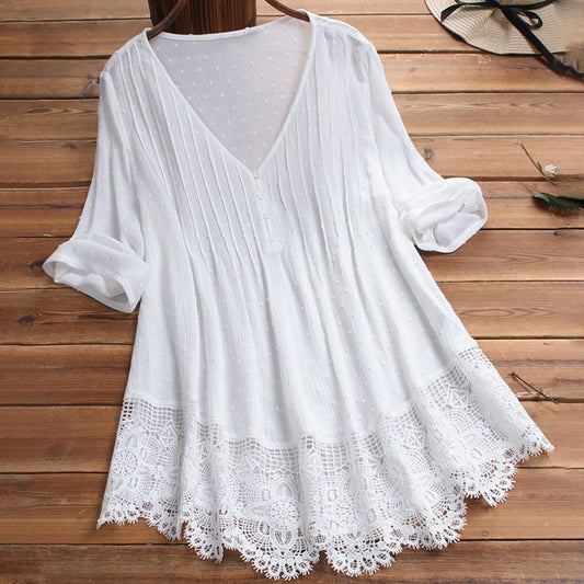 Ladies new V-neck lace mid-length sleeve top