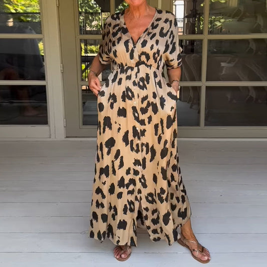 Ladies new leopard print V-neck maxi dress