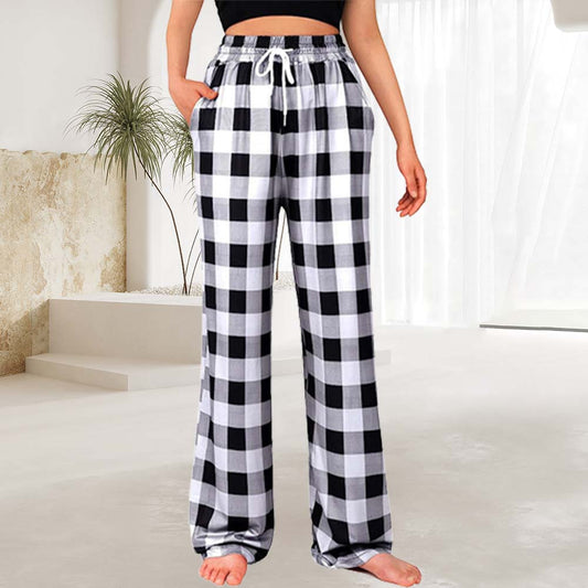 Autumn and Winter Women's Casual Straight Plaid Elastic Waist Trousers