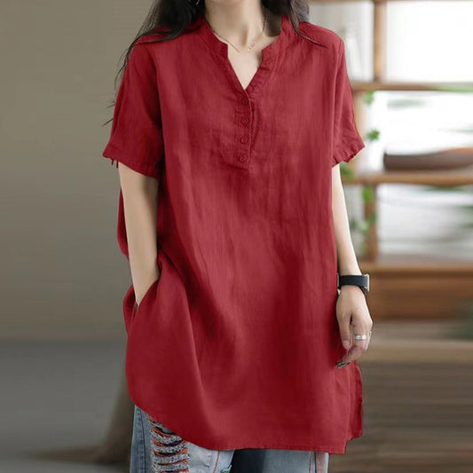 Fashionable women's V-neck short-sleeved solid color T-shirt